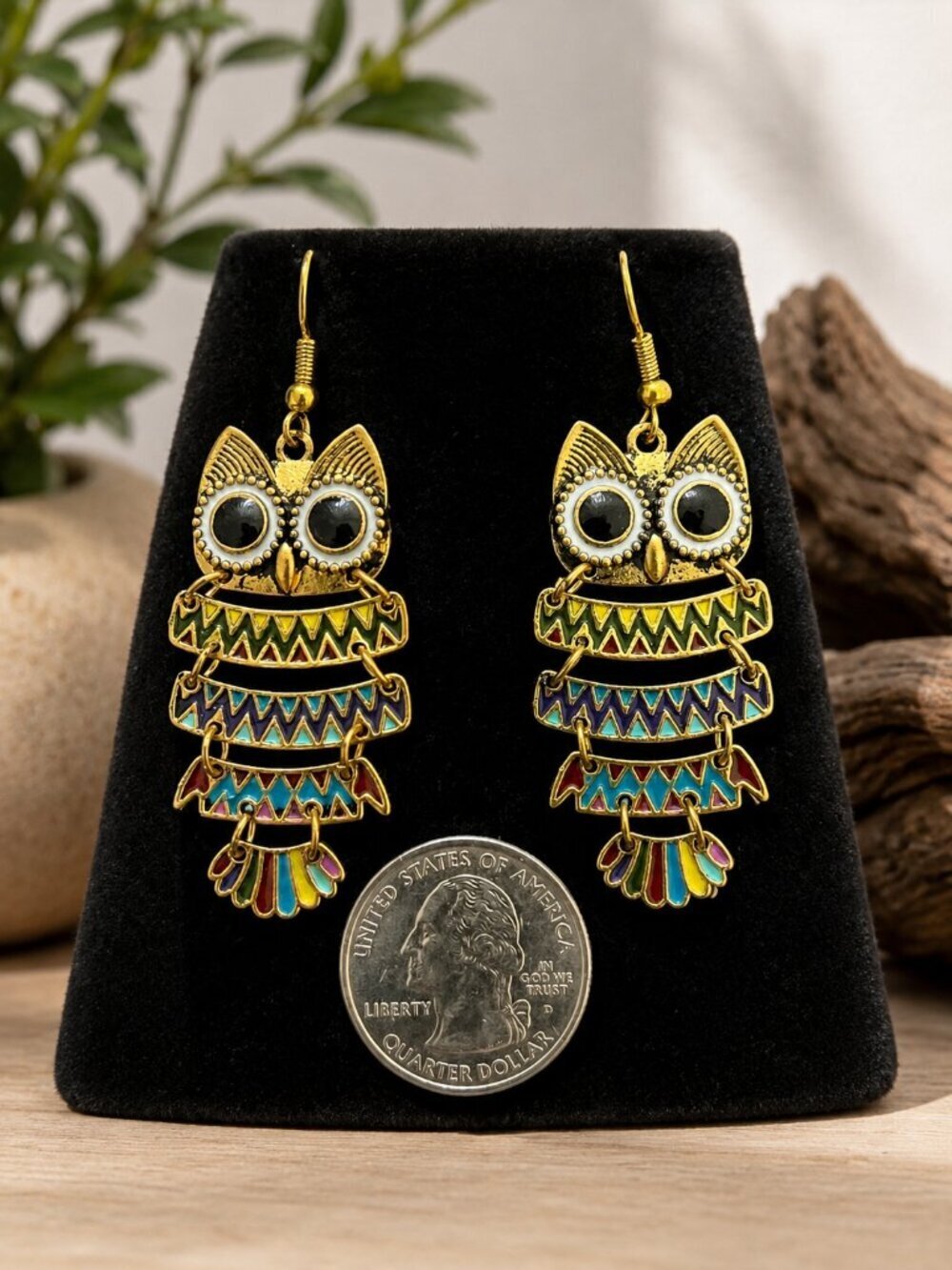 Colorful Enamel Owl Drop Earrings Gold Boho | Boutique - Picture 5 of 5